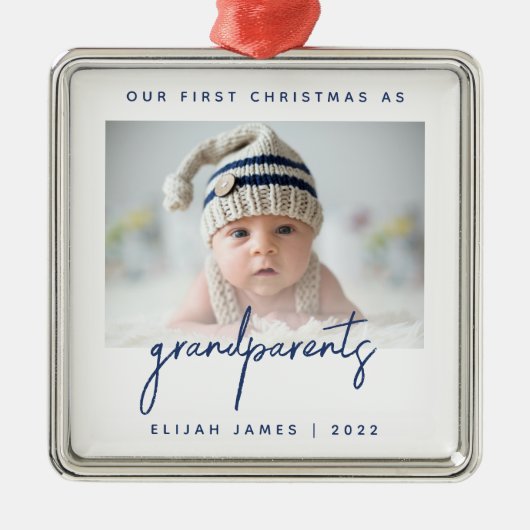 ミニマル写真祖父母1stクリスマスブルー メタルオーナメント (正面)