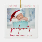 ミニマル写真祖父母1stクリスマスレッド セラミックオーナメント (裏面)