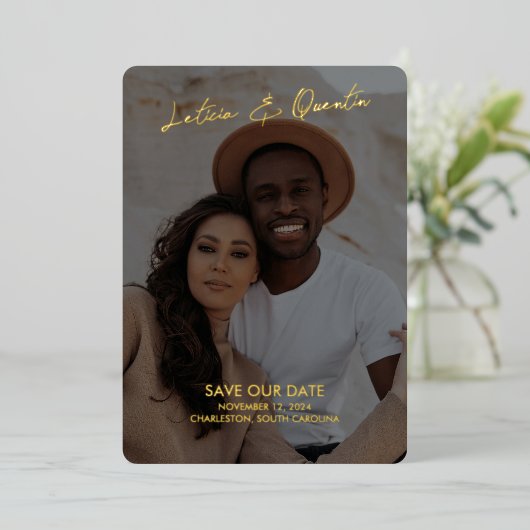 ミニマル写真結婚式の日付を保存 箔招待状 (立ち正面)