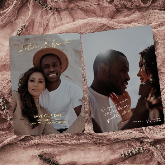 ミニマル写真結婚式の日付を保存 箔招待状