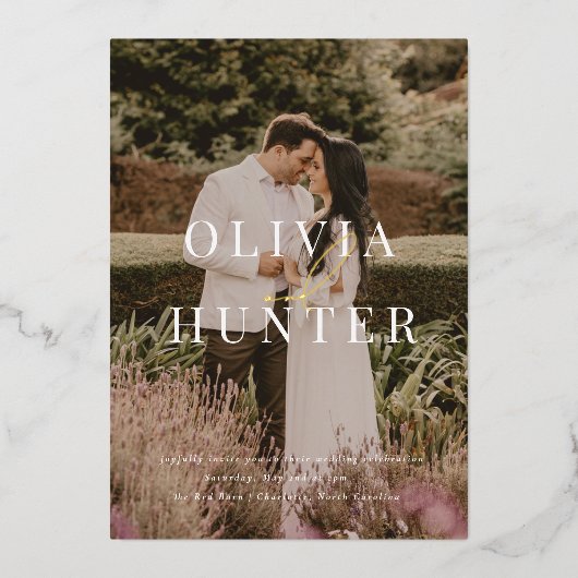 ミニマル写真結婚書道の金ゴールド 箔招待状 (正面)