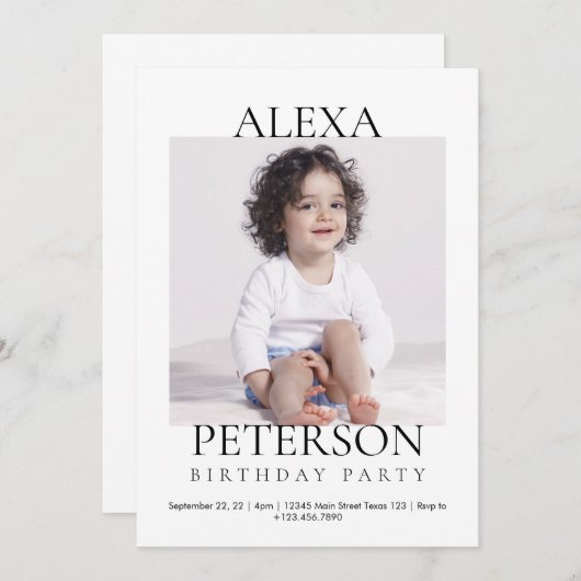 ミニマル写真誕生日 招待状 (正面/裏面)