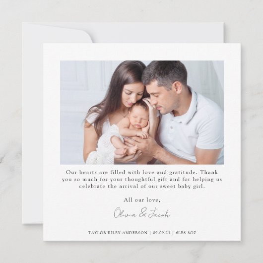 ミニマル写真誕生統計新生児 サンキューカード (裏面)