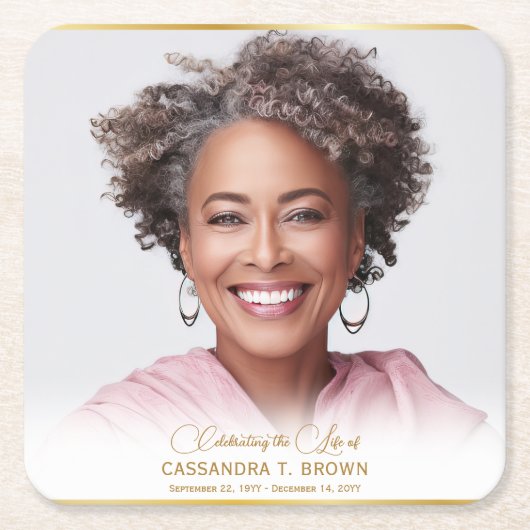 ミニマル写真金ゴールドリム写真葬儀 スクエアペーパーコースター (正面)