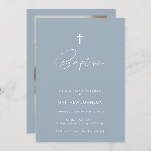 ミニマル写真青バプテスマ《キリスト教》洗礼式や命名式 招待状 (正面/裏面)
