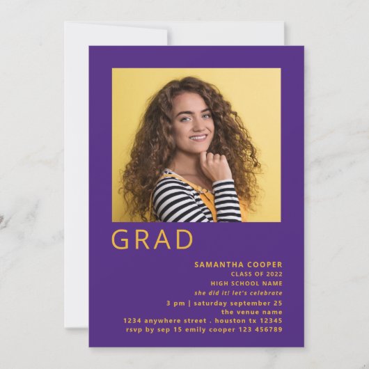 ミニマル写真2022卒業パープルイエロー 招待状 (正面)