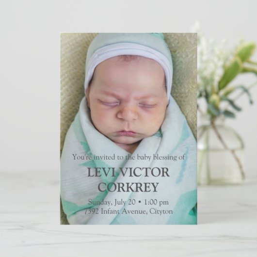 ミニマル写真+グレー文字ベビー賛美ズ 招待状 (スタンド正面)