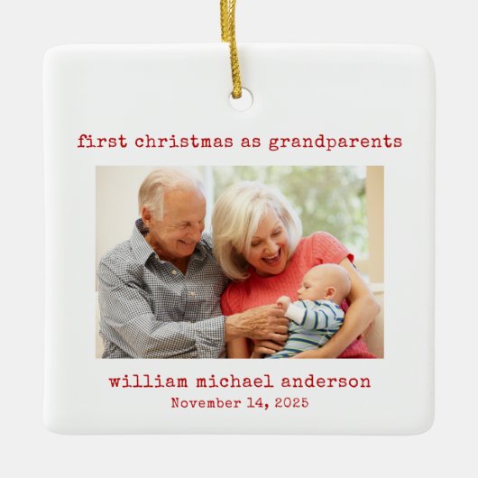 ミニマル初めてのクリスマスを祖父母の写真として セラミックオーナメント (正面)