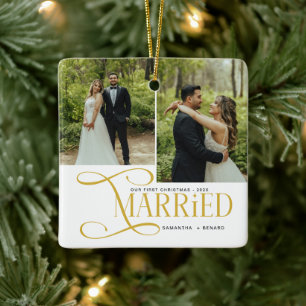 ミニマル初めてのクリスマス結婚したカップル2枚 セラミックオーナメント