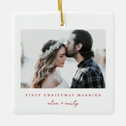 ミニマル初めてのクリスマス結婚した写真 セラミックオーナメント (正面)
