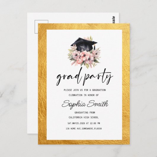ミニマル卒業招待状、エレガント金ゴールド ポストカード (正面/裏面)