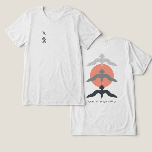 ミニマル和風魚鷹浮世絵スタイル オフホワイト トライブレンドTシャツ (デザイン正面&裏面)