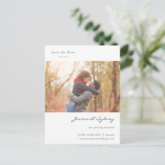 ミニマル婚約したリストのカップル写真の日付を保存 ポストカード (スタンド正面)