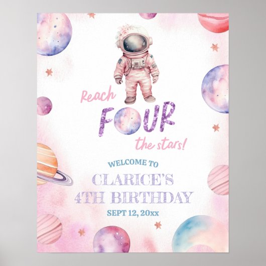 ミニマル宇宙飛行士ガール第4誕生ウェルカムサイン ポスター (正面)