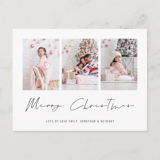 ミニマル家族3枚の写真メリークリスマス シーズンポストカード (正面)