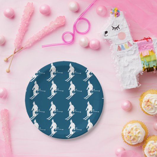 ミニマル幾何学模様スキーヤーウィンターブルーホワイト ペーパープレート (パーティー)