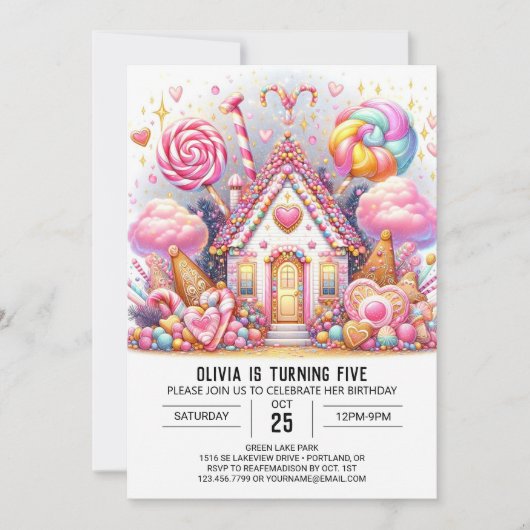 ミニマル愛らしいキャンディランドデジタル誕生日 招待状 (正面)