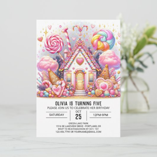 ミニマル愛らしいキャンディランドデジタル誕生日 招待状 (スタンド正面)