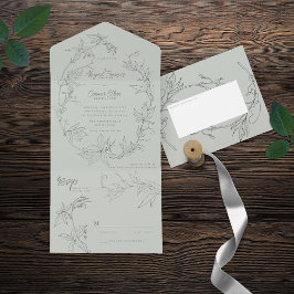 ミニマル手描きつる植物セージ緑グレーオールイン オールインワン招待状