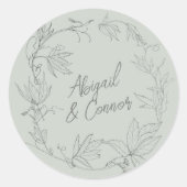 ミニマル手描きつる植物セージ緑グレー ラウンドシール (正面)