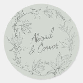 ミニマル手描きつる植物セージ緑グレー ラウンドシール