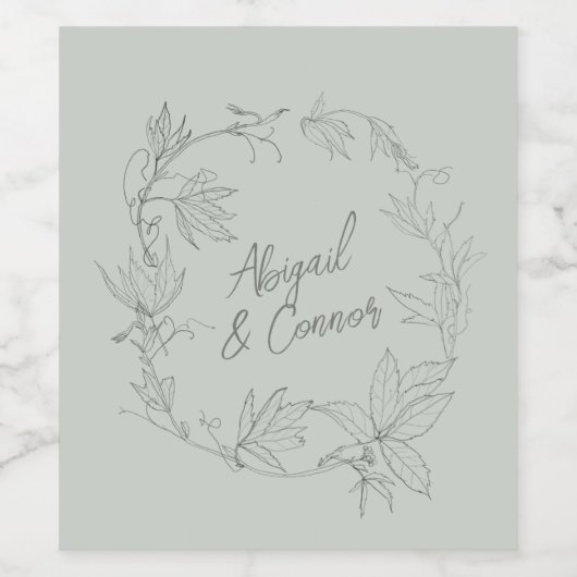 ミニマル手描きつる植物セージ緑グレー ワインラベル (シングルラベル)