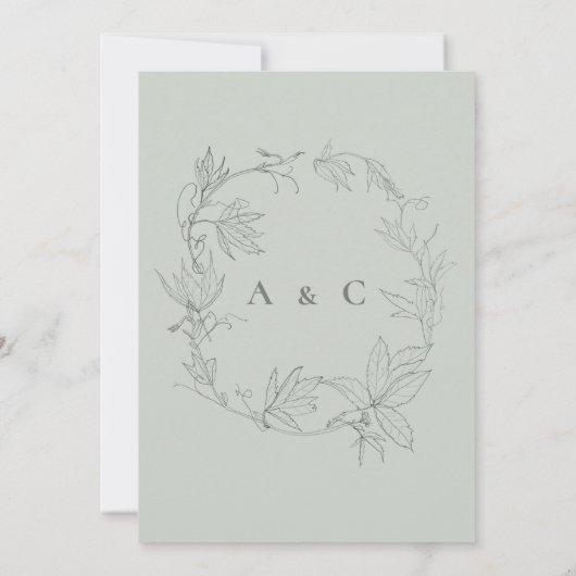 ミニマル手描きつる植物セージ緑グレー 招待状 (裏面)