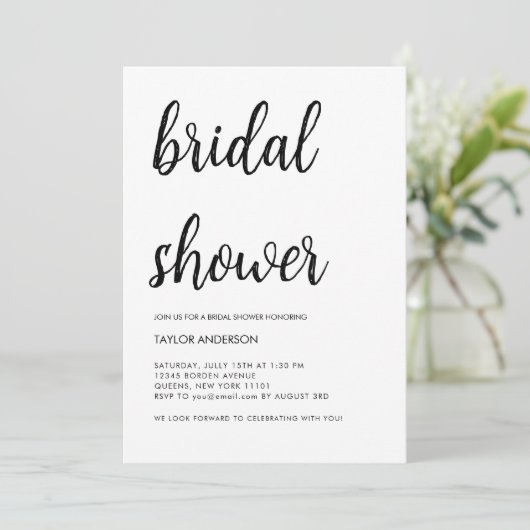 ミニマル手書きスクリプトホワイトブライダルシャワー 招待状 (スタンド正面)
