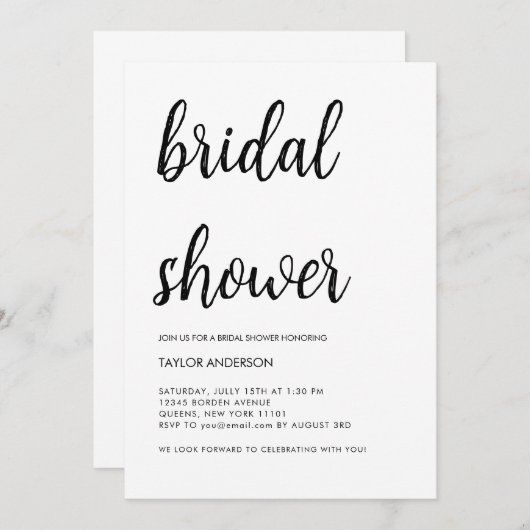 ミニマル手書きスクリプトホワイトブライダルシャワー 招待状 (正面/裏面)