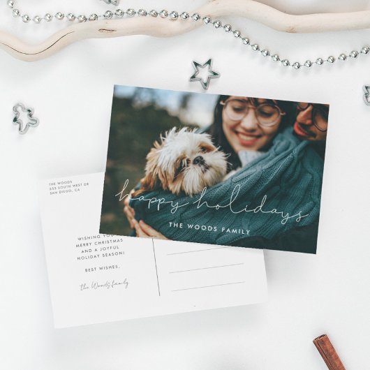 ミニマル手書きハッピーホリデー写真 シーズンポストカード