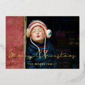 ミニマル手書きメリークリスマスフォト金ゴールド 箔シーズンカード (正面)