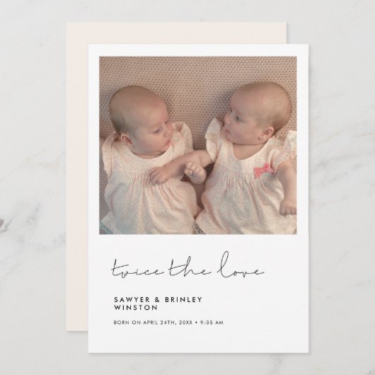 ミニマル手書き二回愛の双子の写真 案内状 (正面/裏面)