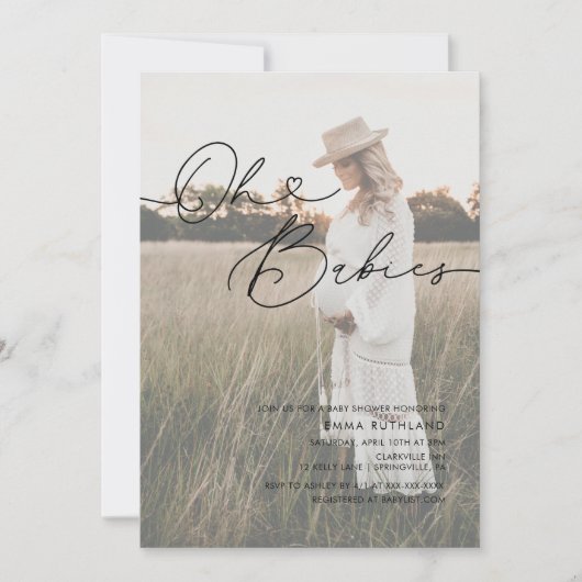 ミニマル手書き写真ハートベビーシャワー 招待状 (正面)