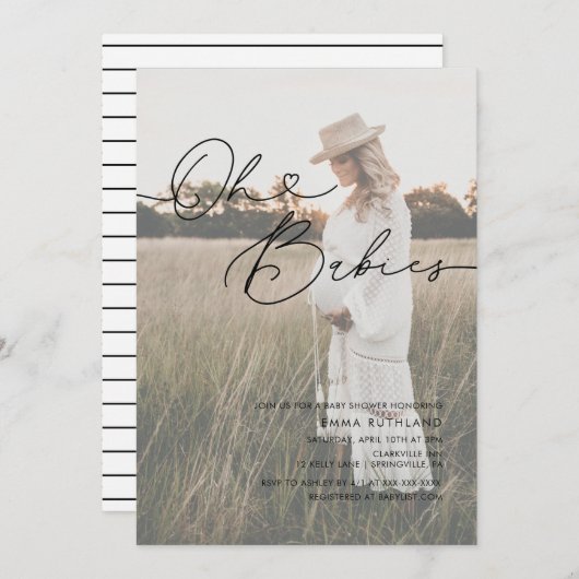 ミニマル手書き写真ハートベビーシャワー 招待状 (正面/裏面)