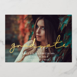 ミニマル手書き写真卒業パーティー金ゴールド 箔招待状