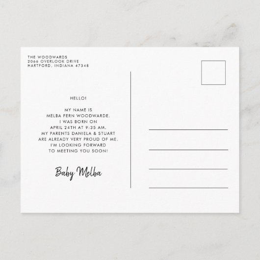 ミニマル手書き誕生歓迎の写真 ポストカード (裏面)
