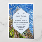 ミニマル抽象芸術ブルーグリーン自然結婚ズシルバー 箔招待状 (正面)