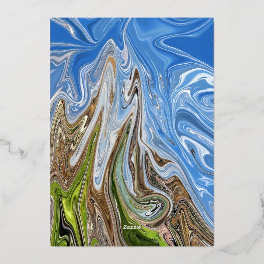 ミニマル抽象芸術ブルーグリーン自然結婚ズシルバー 箔招待状 (裏面)