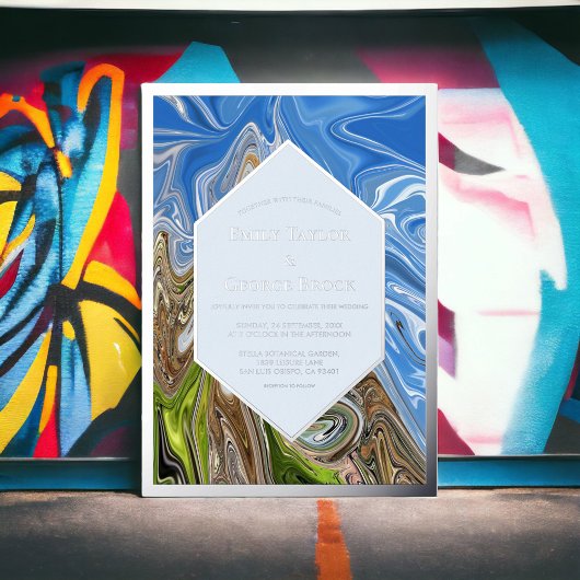 ミニマル抽象芸術ブルーグリーン自然結婚ズシルバー 箔招待状