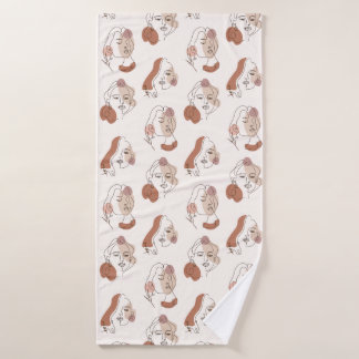ミニマル抽象芸術ラインアート女性顔パターン バスタオル