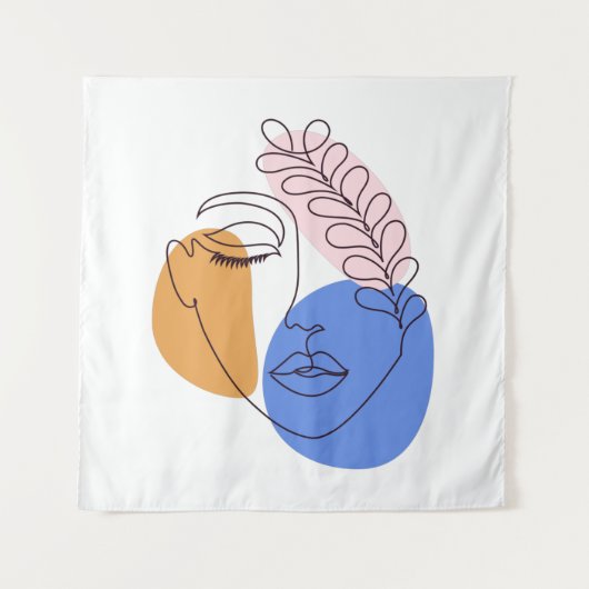 ミニマル抽象芸術顔ポートレートラインアートスケッチ タペストリー (正面)