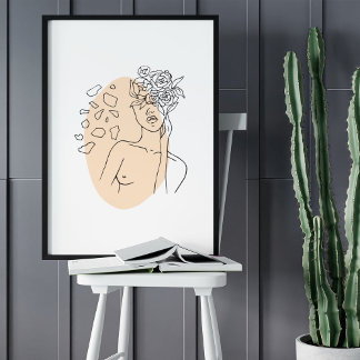 ミニマル抽象芸術顔ポートレートラインアートスケッチ ポスター