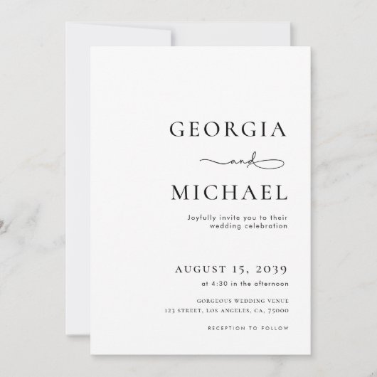 ミニマル文字とフォトブラック結婚とホワイト 招待状 (正面)