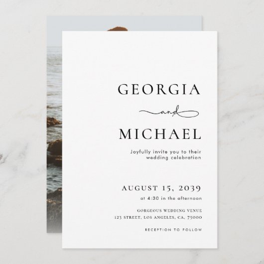 ミニマル文字とフォトブラック結婚とホワイト 招待状 (正面/裏面)