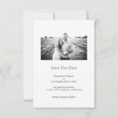 ミニマル文字と写真の結婚式の日付を保存 サンキューカード (裏面)