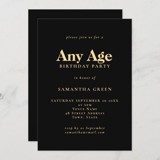 ミニマル文字エイジブラック金ゴールド誕生日 招待状 (正面/裏面)