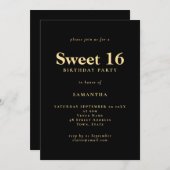 ミニマル文字ブラック金ゴールドスウィート16バースデーパーティー 招待状 (正面/裏面)