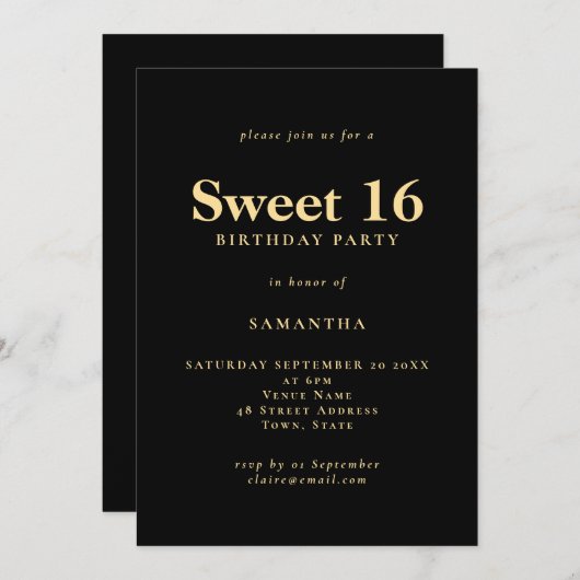 ミニマル文字ブラック金ゴールドスウィート16バースデーパーティー 招待状 (正面/裏面)