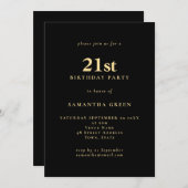 ミニマル文字ブラック金ゴールド21st誕生日パーティー 招待状 (正面/裏面)