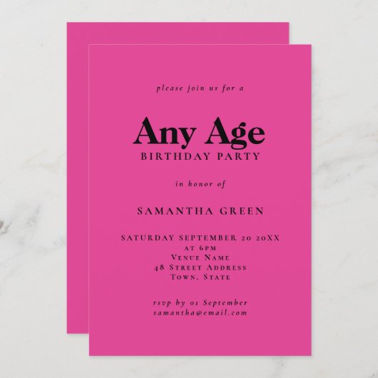 ミニマル文字任意の年齢ホットピンク誕生日 招待状 (正面/裏面)